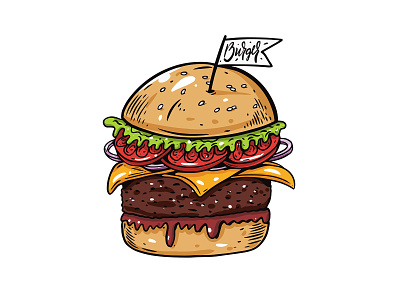 Burger Illustration art artist burger cartoon colorful draw drawing engraving flat hand drawn illustration ipadpro lineart oktyabr outline procreate sketch vector vintage
