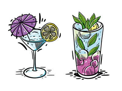 Cocktails Party blue cartoon cocktail cute design glass ice icon illustration lemon mint sketch summer vector violet