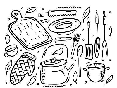 Kitchen Set black cartoon cute design doodle element icon illustration ink kitchen lettering logo object outline sketch vector