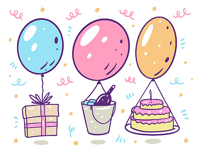 Holiday balloon box cake cartoon celebrate champagne cute design gift happy birthday holiday icon illustration sketch vector