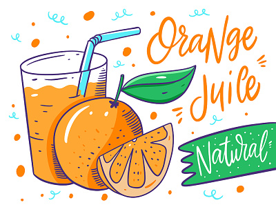 Orange Juice art cartoon cute design fruit glass illustration leave lettering orange orange juice poster sketch summer vector