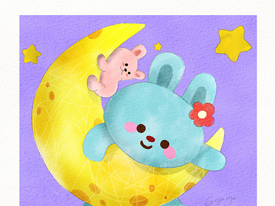 Watercolor cute Moon and Rabbit clipart