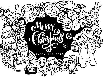 Christmas design element in doodle style,Merry Christmas and Hap design doodle flat greeting cards hand drawn illustration posters and more. vector tattoo typography vector