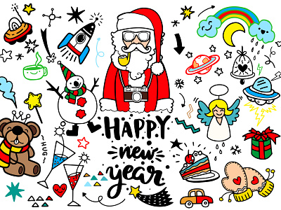 set of Christmas design element in doodle style christmas design doodle flat greeting cards hand drawn illustration new year posters and more. vector santa vector