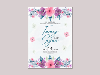 Wedding invitation template with hand-drawn watercolor floral