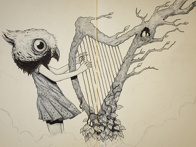 Sounds Of The Forest copics drawing girl lineart markers moleskine nature owls sketchbook