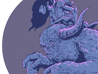 Buffalo badass beast creature cyberpunk girl guns horns monster purple scifi
