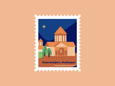Postcard stamp azerbaijan design flat illustration illustrator karabakh monastery vector