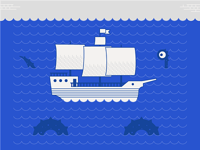 Ahoy! illustration magellan monster sea ship waves