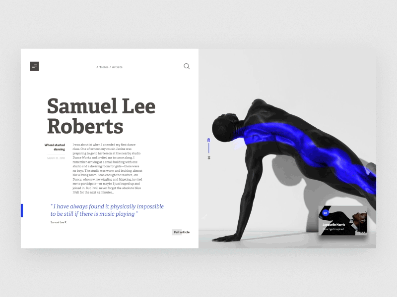 Magazine article screen pt. 2 animation brush dancing design editorial layout liquid magazine type typography ui web