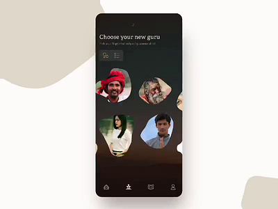 Guru Selection Interaction aftereffects animation blobs carousel dailyui dark dark app fluid guru interaction mindfulness selection spirituality swipe ui