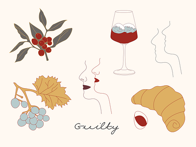 stickers for coffee and wine bar GUILTY beans branding coffee conceptual design illustration line art portrait poster sea stickers vector wine