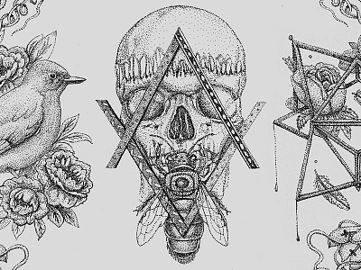 Pointillism I birds black design dots drawing illustrations pointillism points skull style tattoo