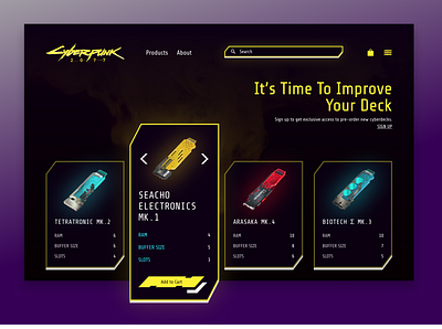 Cyberpunk Shop add to cart app cyberdeck cyberpunk cyberpunk 2077 deck e shop future neon online shop product design search shop ui ui design ux web web design