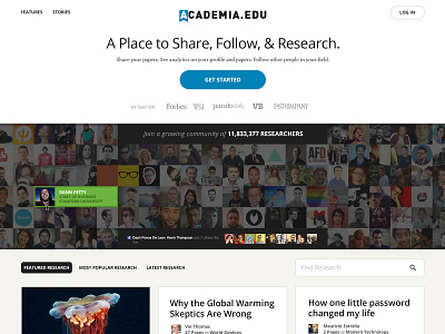 Academia.edu academia academics avatars cards grid homepage interface landing page product page research