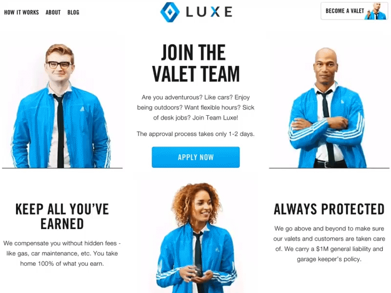 LUXE Valets animation car iphone app landing page luxe startup valet video