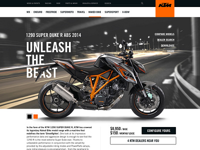 KTM.com automotive bike feature interface motorcycle product detail website