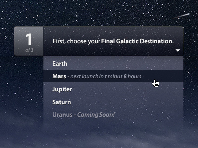Choose your Final Galactic Destination button drop down space ui