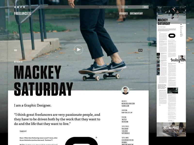 Mackey Saturday on Freelance.TV epicurrence freelance graphic design home page homepage interaction logo design skateboard skateboarding video video background
