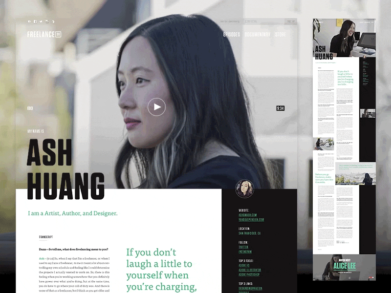 Ash Huang on Freelance.TV adobe xd blog editorial epicurrence freelance interaction design interactive design interview landing loop video background