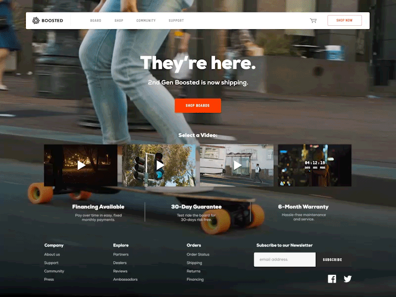 Boosted Boards home page landing landing page skateboard ui ux video video bg