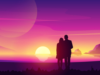 Sunset Couple Valentine Landscape illustration (mobile wall)