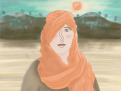 DESOLATE artwork character characterdesign deseration desert drawing green illustration mountain orange sketch woman womancharacter