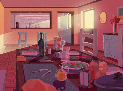 A meal animation background dawn digital art dinner enviroment food home house illustration interior kitchen light meal perspective room shadow table