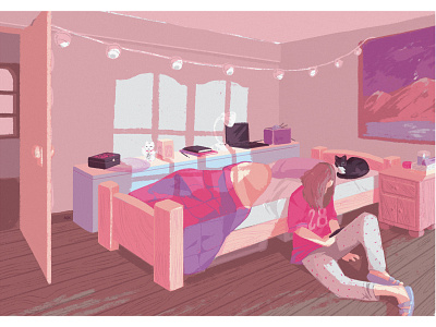 Dorm bedroom cat digital art dorm drawing environment girl home illustration light perspective pink wood