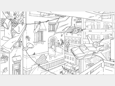 Runaway [lineart] buildings cars color digital art download free drawing europe flying freebie future illustration italy lineart runaway scifi ship venice