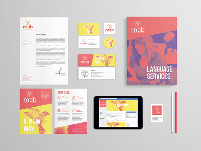 MAB identity branding duotone identity language magenta stationery system translation yellow young