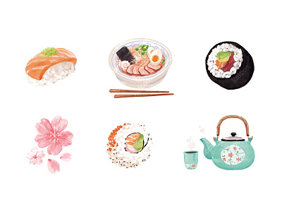 Japan I asia cherry blossom cute digital art flower food illustration japan maki nigiri ramen rice sakura soup sticker sushi tea uramaki