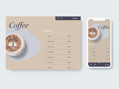 UI Challenge 043: Menu app appdesign coffee coffee menu dailyui design food food app food menu interface interface design menu menu design pricing shopping cart ui ui design ux design web