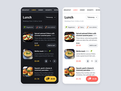 Page for ordering in a restaurant using chatbot. card chatbots dark theme food light theme price restaurant select tags webview