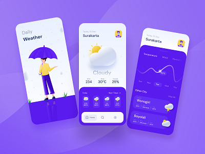 Daily Weather Prediction application auntumn clean cloud app cloudy illustration minimalist rain user interface violet weather