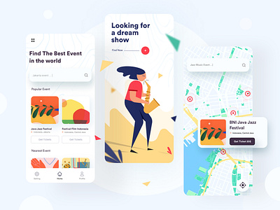 🥳 Find Event Apps 🥳 application apps card design event event apps flat illustration illustration maps mobile mobile ui multicolor music orange startup ui design user interface ux