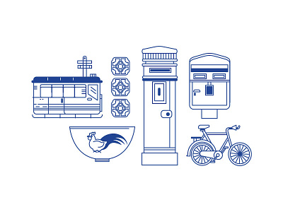 本土幻想 l Loka Made Icons bicycle bowl cable car chicken icons local loka made malaysia penang postbox tiles