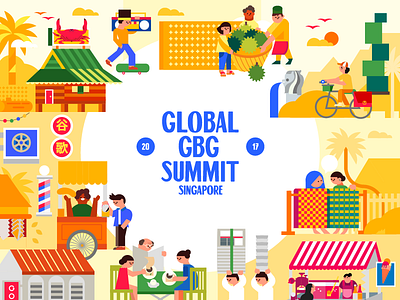Global GBG Summit Singapore 2017 graphics illustration kampung merlion retro singapore vector yellow