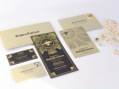 The Holy Order of Godly Provisions- Invitation Set 19th century branding design gold gold foil holy illustration invitation invitation card invitation set light logo packaging raven rsvp save the date typography