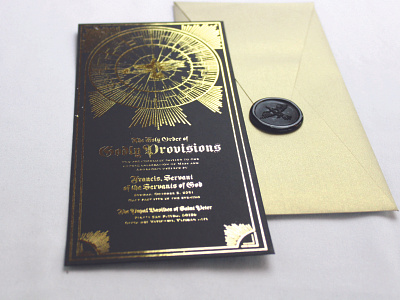 The Holy Order of Godly Provisions- Invitation black paper branding design gold foil illustration invitation set invitations invite logo packaging typography wax seal