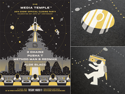 Media Temple SXSWi Poster astronaut city dan kuhlken dkng jupiter launch nathan goldman planet space spaceship sxsw vector