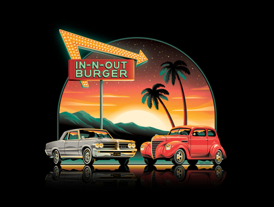 In-N-Out Burger 2021 Official T-Shirt burger clouds dan kuhlken dkng dkng studios gto illustration in n out nathan goldman neon neon sign palm tree palm trees plymouth gto pontiac shirt stars sunset t shirt vector