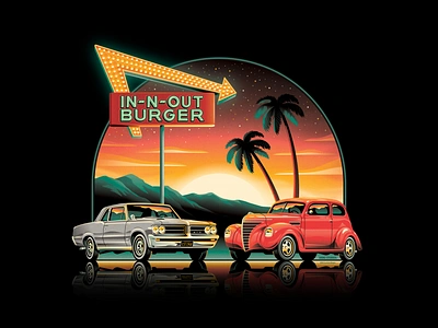 In-N-Out Burger 2021 Official T-Shirt burger clouds dan kuhlken dkng dkng studios gto illustration in n out nathan goldman neon neon sign palm tree palm trees plymouth gto pontiac shirt stars sunset t shirt vector