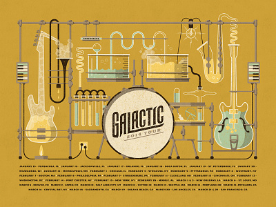 Galactic // 2014 Tour Poster bass chemistry dan kuhlken drums galactic guitar lab nathan goldman saxophone trumpet vector