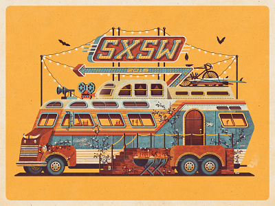 SXSW 2015 Official Poster austin bats bbq bus car dan kuhlken dkng nathan goldman sign sxsw texas tour bus