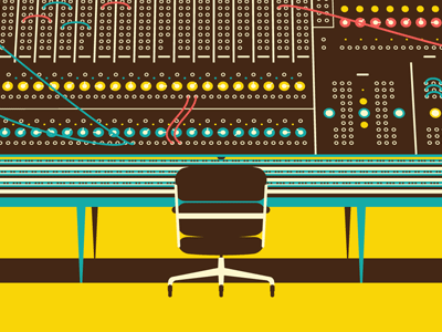 Mystery Project 10.2 blue brown buttons chair cords dan kuhlken dkng moog nathan goldman pink poster screen print silkscreen synth synthesizer table vector yellow