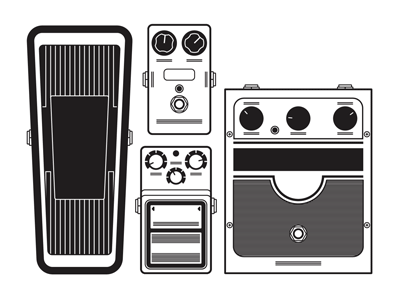 Mystery Project 12 black and white dan kuhlken dkng guitar pedal line art nathan goldman pedals poster vector
