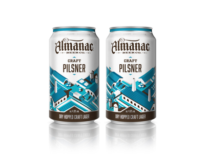 Almanac Beer Co. - Craft Pilsner beer can dan kuhlken dkng isometric mockup nathan goldman packaging san francisco vector