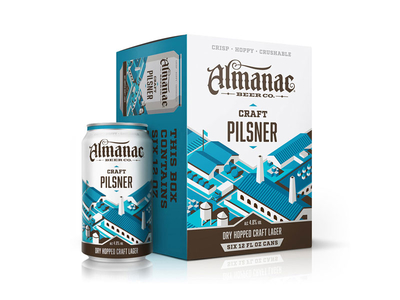 Almanac Beer Co. - Craft Pilsner beer box can dan kuhlken dkng isometric mockup nathan goldman packaging san francisco vector