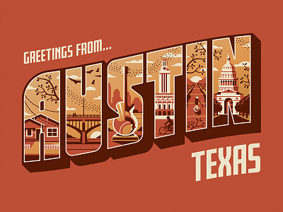 Greetings From Austin Art Print austin dan kuhlken dkng dkng studios greetings from lettering nathan goldman postcard sxsw texas typography vector